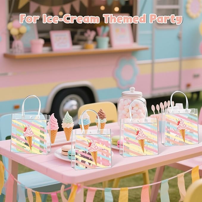Aliceset 20 Pcs Ice Cream Party Favor Bags with Handles Clear Plastic PVC Summer Goody Bags Ice Cream Theme Birthday Party Baby Shower Supplies Sweet Candy Decorations 8x8x3.15 Inch