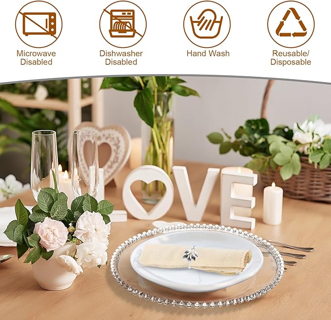 Bokon 12 Set Clear Charger Plates Bulk 13 Inch Beaded Plastic Charger Plates with Napkin Rings Acrylic Round Dinner Table Decorative for Party Wedding Thanksgiving(clear and Silver, 12)