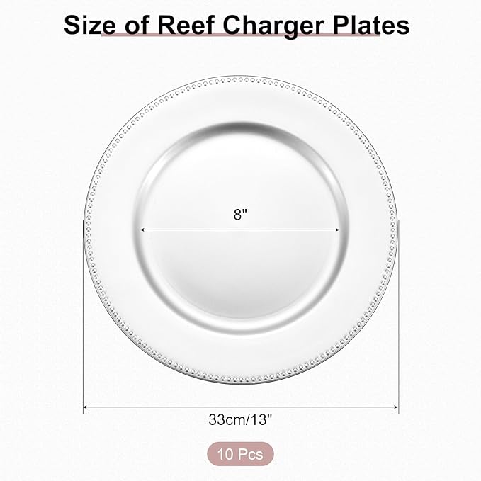 uxcell 10pcs Charger Plates Bulk 13 Inch Plastic Charger Plates Round Plate Chargers for Dinner Wedding Party Event Table Setting Decoration Silver