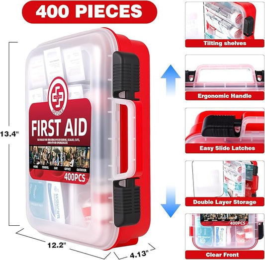 400 Piece First Aid Kit - Organized Dual-Layer Wall-Mountable Hard Case Medical Kit for Home, Car, Camping, Travel, Hiking, Truck, Office, Sports, Vehicle & Outdoor Emergencies