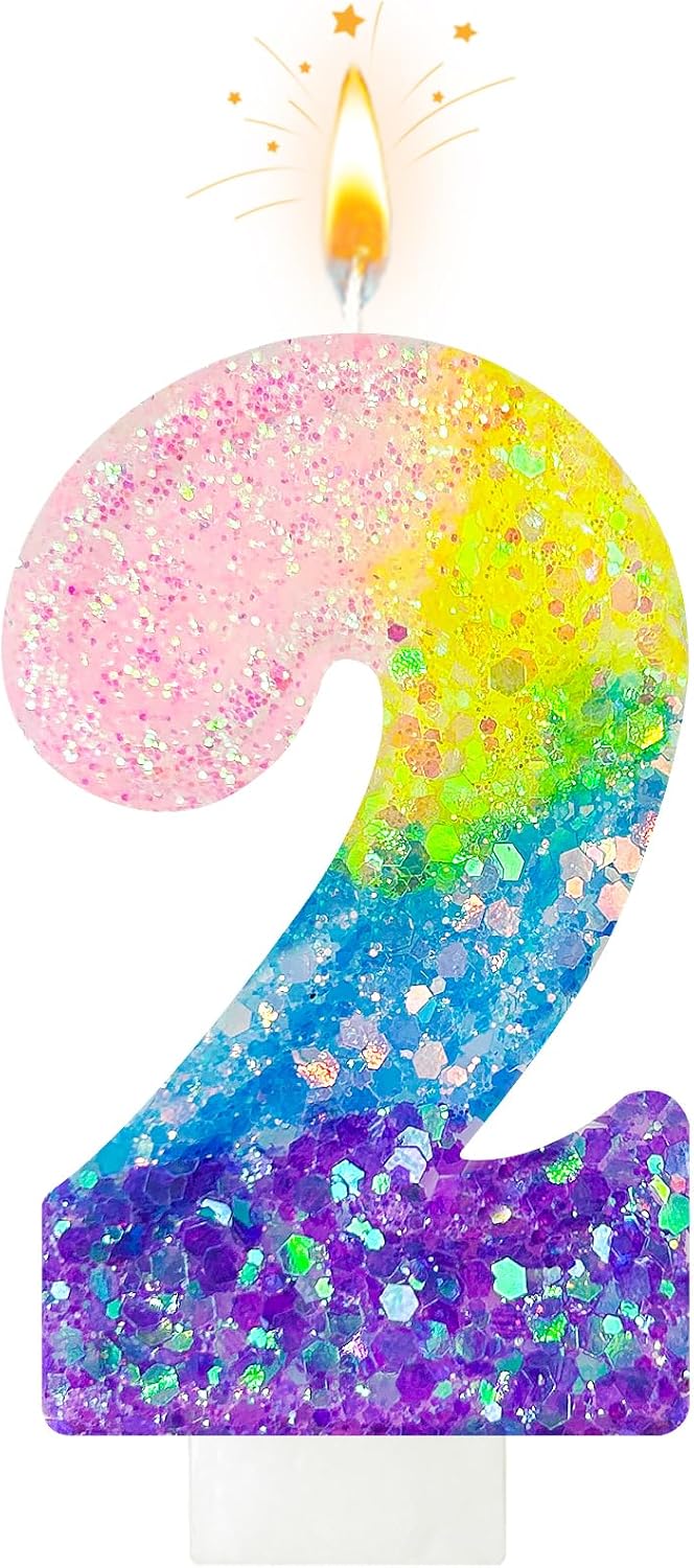 Birthday Candles Pastel Macaron Glitter 3D Rainbow Number Candles for Birthday Cake Girls Women Sweet Theme Birthday Wedding Anniversary Party Cake Decoration (Number 2)