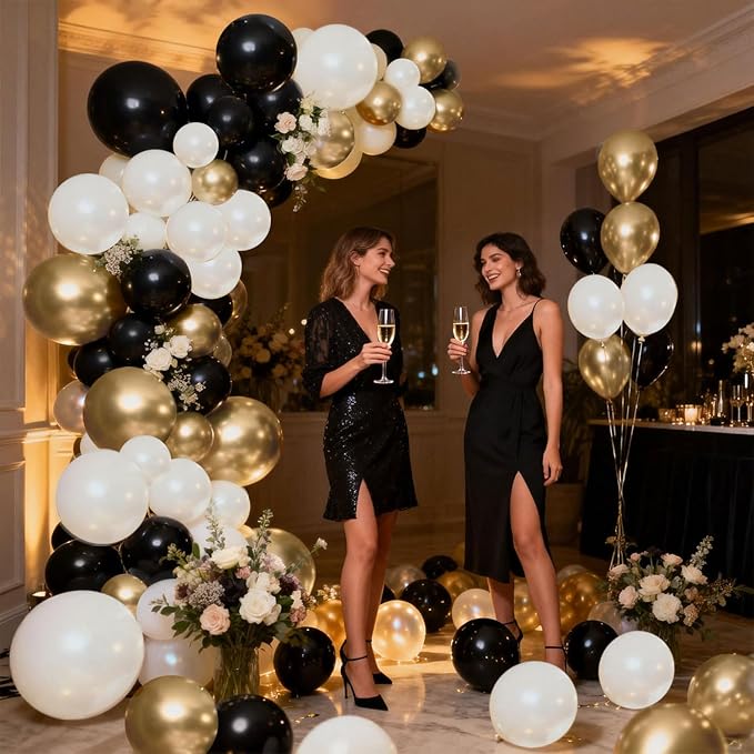 Black and Gold Balloon Arch Kit, Double Stuffed 129 Pcs Gold and Black Balloons Garland with Black Pearl White Sand Ivory Chrome Gold Balloons for Wedding Birthday Event New Year's Party Decoration