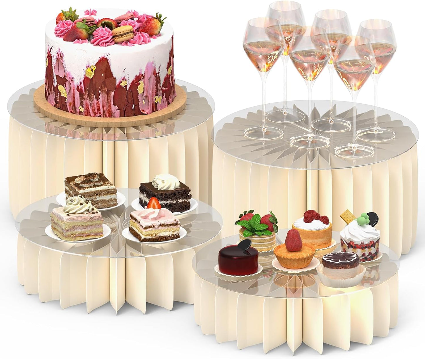 4 PCS Buffet Risers, Foldable Food Risers for Buffet Table, Cylinder Display Stands for Party, White Cake Cupcake Stands for Food Display, Catering Supplies