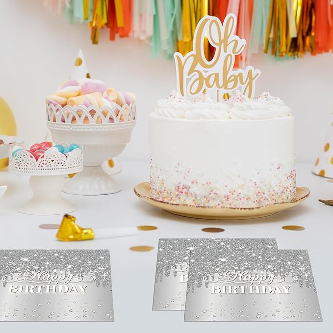 40PCS Silver Happy Birthday Napkins Silver Theme Party Decorations Disposable Cocktail Napkins for lunch,Dinner,Birthdays, Weddings, Baby Showers Party Decoration Supplies