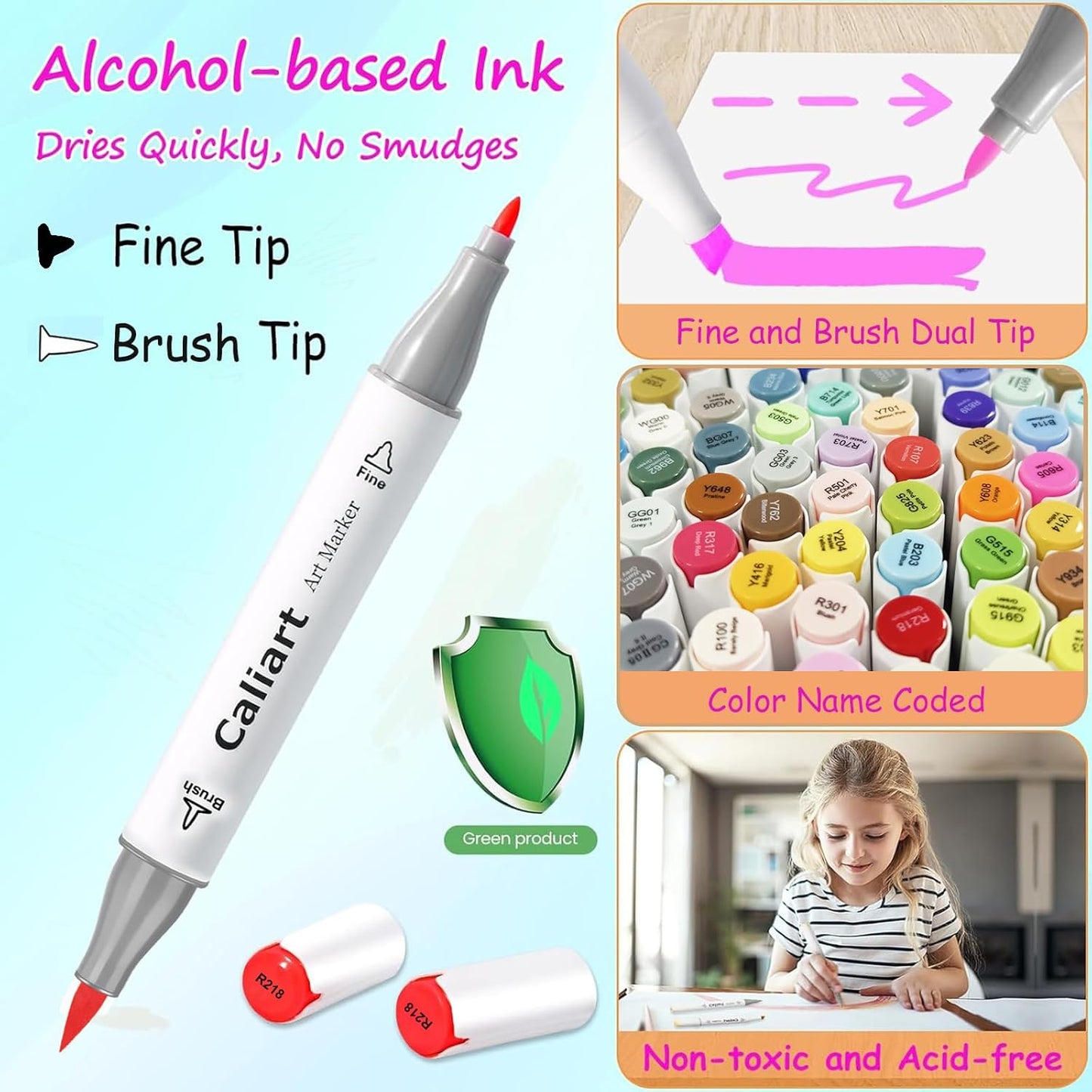 Caliart Alcohol Markers, 81 Colors Fine & Brush Dual Tip Colored Markers for Adults Coloring Books Artists Illustration Sketch, Permanent Art Pen Set Drawing Supplies Gift