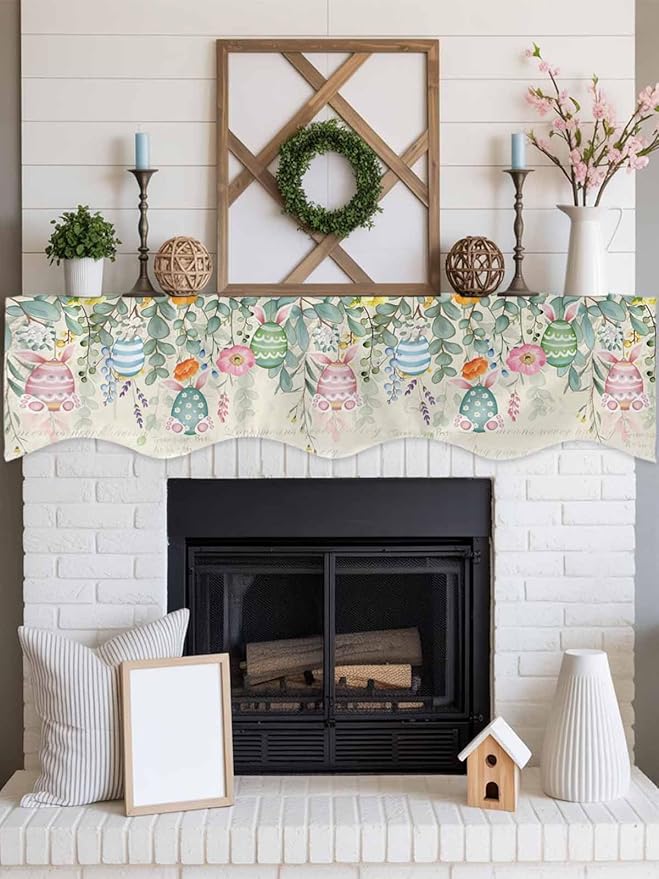 Easter Fireplace Mantel Scarf Table Runner, Spring Colorful Eggs Eucalyptus Leaves Floral Winter Garland Mantel Top Tablerunners Dresser Scarves Cover for Windows Party Living Room 70''x17''