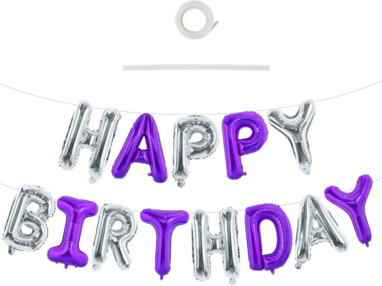 TONIFUL Happy Birthday Balloons with Ribbon Straw, 16 Inch Mylar Letters Balloons Sign Banner Bunting Reusable for Girls Boys Kids & Adults Party Decorations Supplies（Purple Silver）