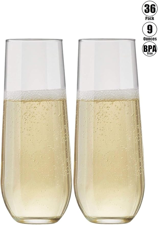 Oojami 36 piece Stemless Unbreakable Crystal Clear Plastic Wine Glasses Set of 36 (9 Ounces)