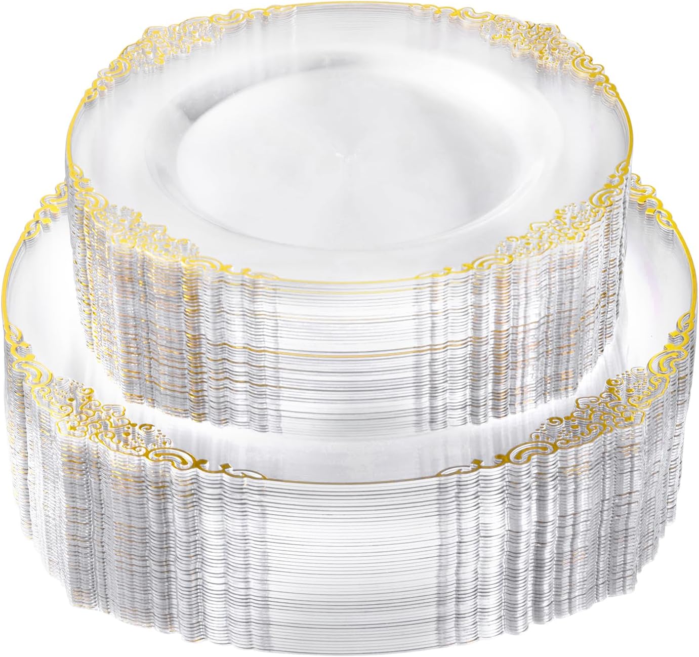 100 PCS Clear and Gold Plastic Plates for 50 Guests, Clear Disposable Plates Include 50 PCS Dinner Plates, 50 PCS Dessert Plates for Party, Wedding and Graduation