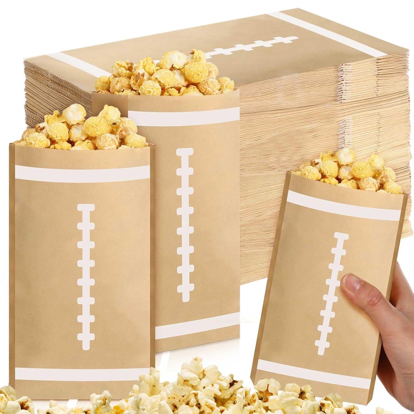 100 Pcs Football Popcorn Bags Football Popcorn Boxes Large Brown Kraft Papers Disposable Rugby Theme Candy Treat snack Bags for Sports Party Birthday Supplies