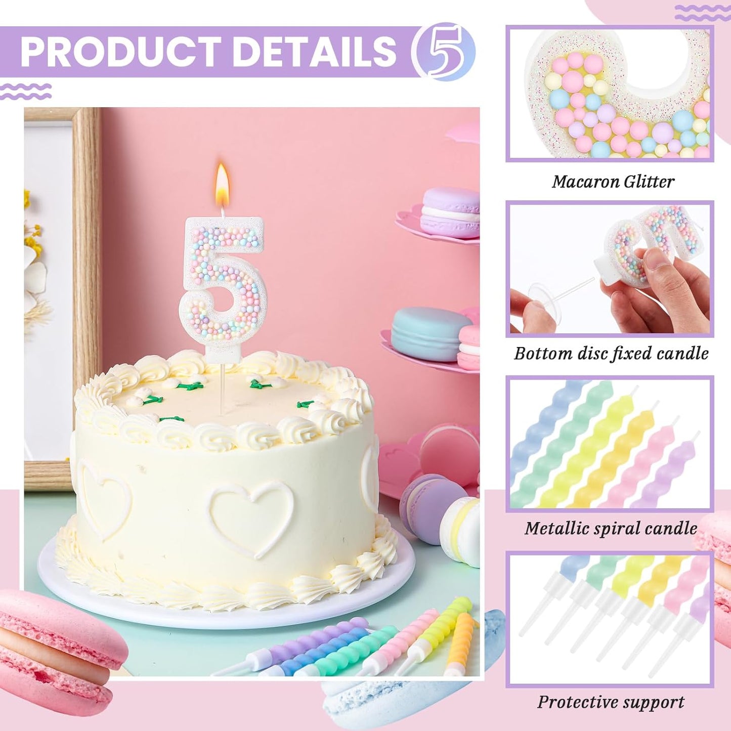 MTLEE Number 5 Birthday Candle with 12 Pcs Spiral Candles for Girls Macaron Pastel Rainbow Unicorn Pink Cake Topper for Sweet Theme Party Decoration
