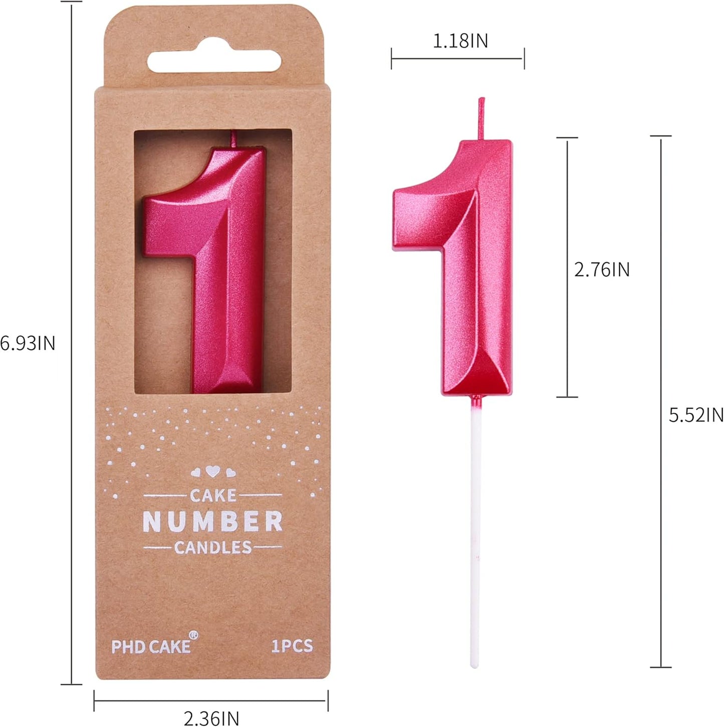 PHD Diamond Red 2.76 Inch 1 Number Birthday Candles, Red Cake Number Candles for Party Celebration