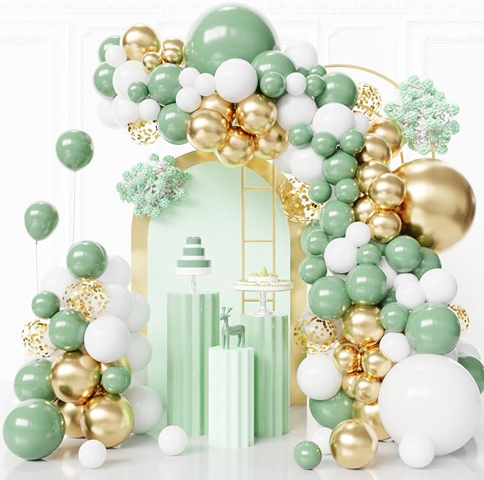 Sage Green Balloons Arch Kit,130pcs Gold Balloon Garland,Different Sizes 18 12 10 5 Inch Green and White Latex Balloons for Birthday Baby Shower Gender Reveal Wedding Party Decoration