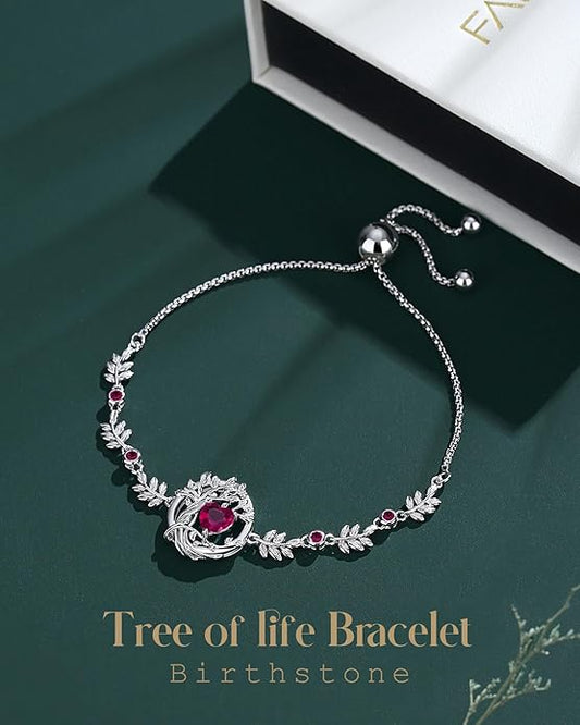 FANCIME Valentines Day Gift Tree of life Birthstone Bracelet for Women Sterling Silver Tree Jewelry Birthstone Charm Bracelet Gemstone Anniversary Birthday Gifts for Wife Mom Her