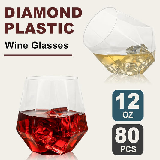 Goodluck 80 PCS Diamond Stemless Plastic Wine Whiskey Glasses, 12 Oz Disposable Cocktail Glasses, Suitable for Weddings, Birthday Parties, Family Gatherings, Bars, etc (Clear)