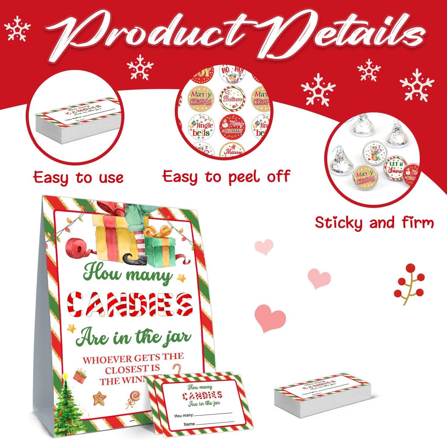 Guess How Many Christmas Kisses Game, How Many Kisses Standing Sign 50 Guessing Cards 180 Christmas Kisses Stickers, Christmas Games for Families, How Many Kisses Christmas Game Set for Christmas
