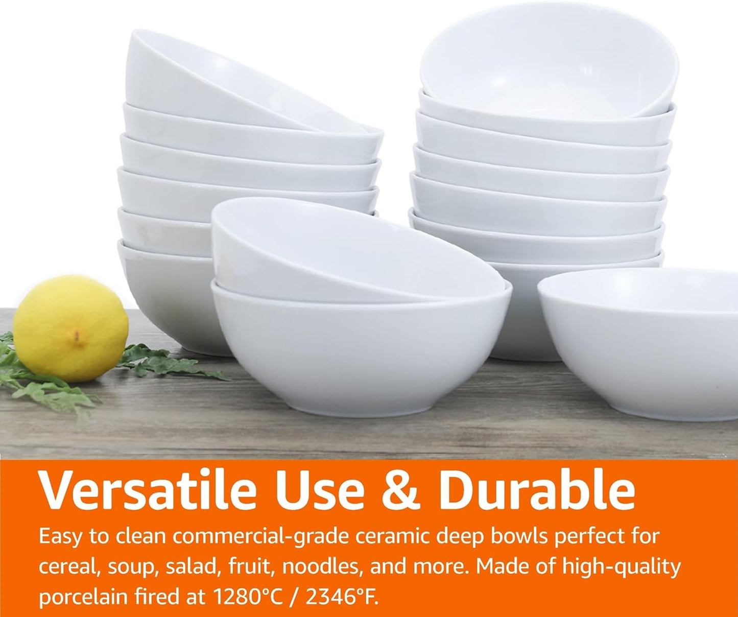 Amazon Basics 16-Pack White Porcelain Coupe Bowl, 5.9" diameter, Round, Microwave-safe, Commercial-grade