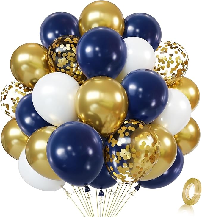 Zesliwy Navy Blue Gold Confetti Balloons Set,50pcs 12inch Royal Dark Blue Metallic Gold White Latex Balloons with Ribbon for Birthday Wedding Graduation Bridal Shower Party Decorations