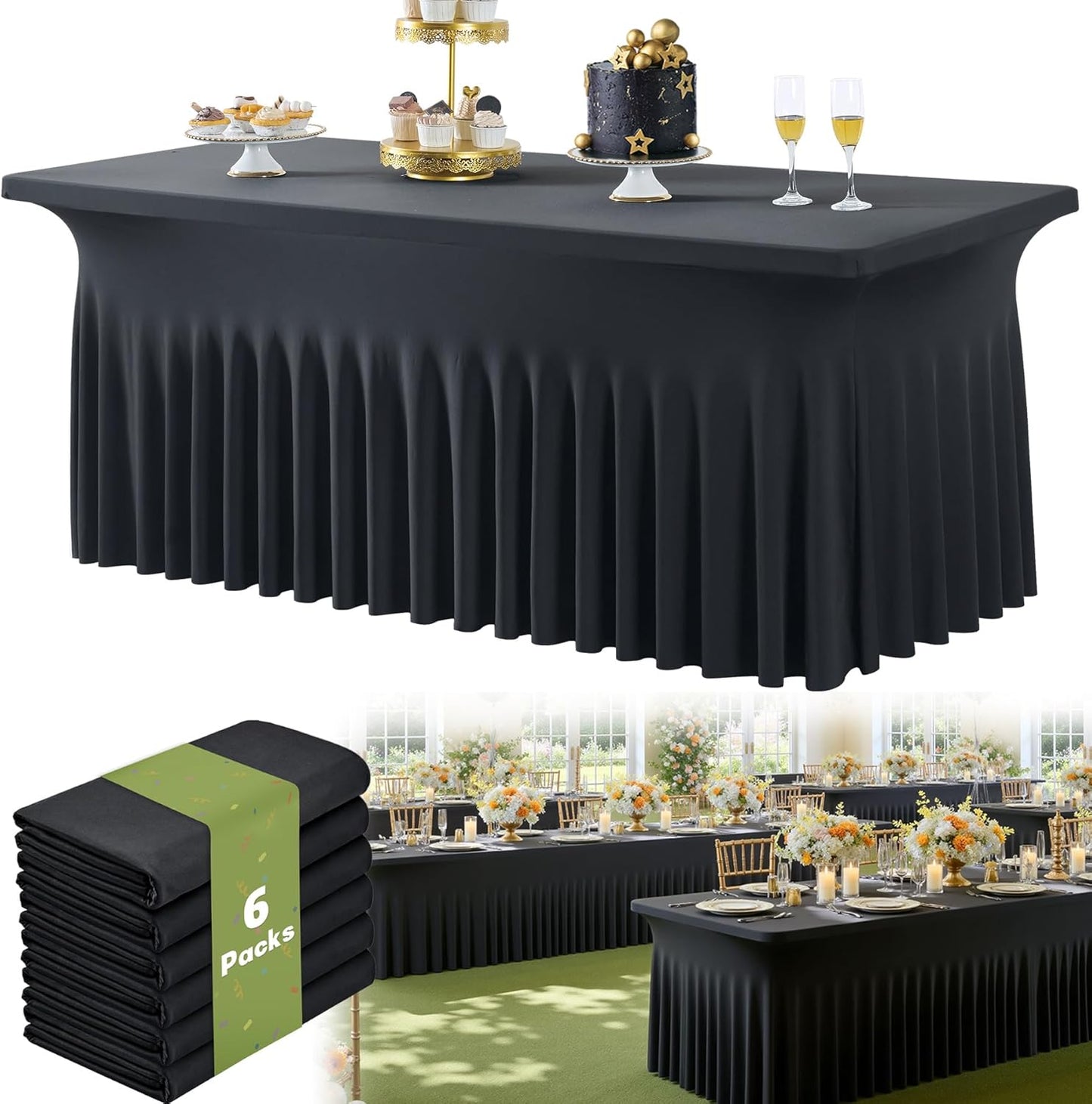 6pack Black Spandex Tablecloths for 6FT Rectangle Tables, Wrinkle Free Classy Table Skirt Stretchy 6 Foot Fitted Table Cloths Covers for Weddings Birthday Party Events Banquette Halloween