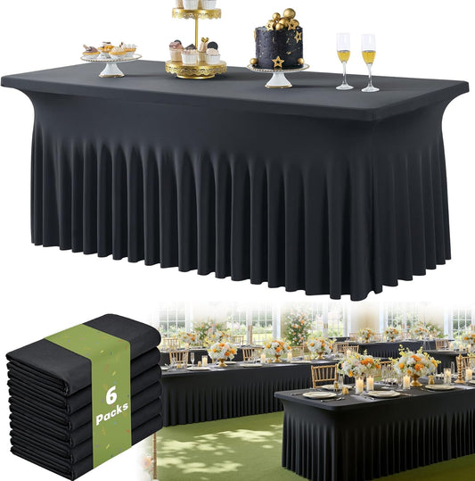 6pack Black Spandex Tablecloths for 6FT Rectangle Tables, Wrinkle Free Classy Table Skirt Stretchy 6 Foot Fitted Table Cloths Covers for Weddings Birthday Party Events Banquette Halloween