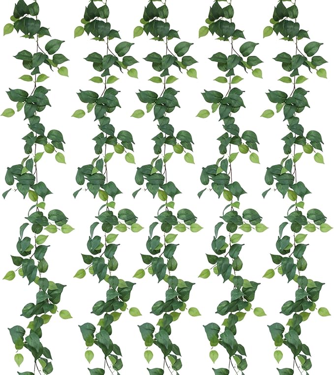 mizii 5 Pack 365" Artificial Scindaps Vines Garland Fake Vine with Silk Green Leaves Faux Hanging Plants Greenery Decoration for Bedroom Wall Party Wedding Room Home Decor