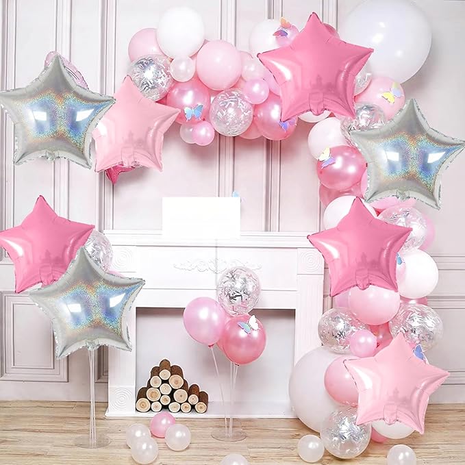 Pink and Silver Star Foil Balloons, 10PCS Pink Laser Silver Foil Stars Shape Balloon, 18 Inch Metallic Glitter Stars Balloons Helium for Girls Women Birthday, Princess, Anniversary Party Decoration