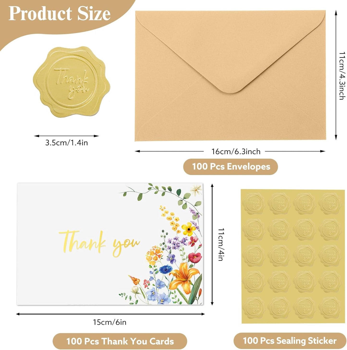 100 Pack Thank You Cards with Envelopes, 4x6 Inch Thank You Cards Bulk Blank Card Notes with Stickers Greeting Card for Wedding, Baby Shower, Bridal Shower, Birthday, Thanksgiving, Christmas