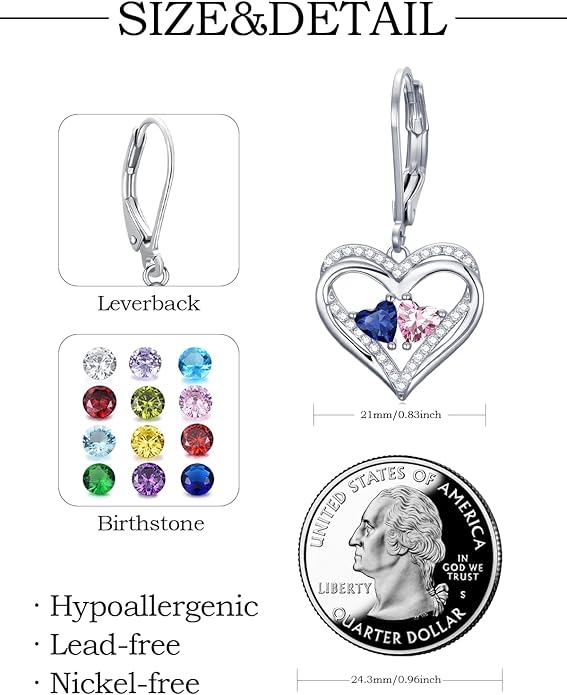 Valentines Day Gifts for Women, Heart Leverback Earrings Double Birthstone Dangle Earrings for Women, Love Jewelry for Her, Anniversary Birthday Gift for Mom Wife Girlfriend