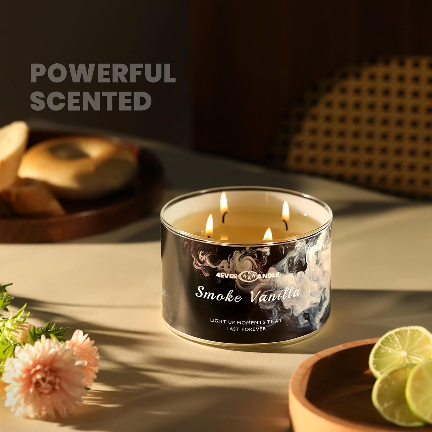 Smoke Vanilla Scented Candles, 18oz Soy Candles Non Toxic 4-Wick Large Candle Jars, Over 50 Hours of Burning Time, Ideal for Gifting, Events, Home Decor