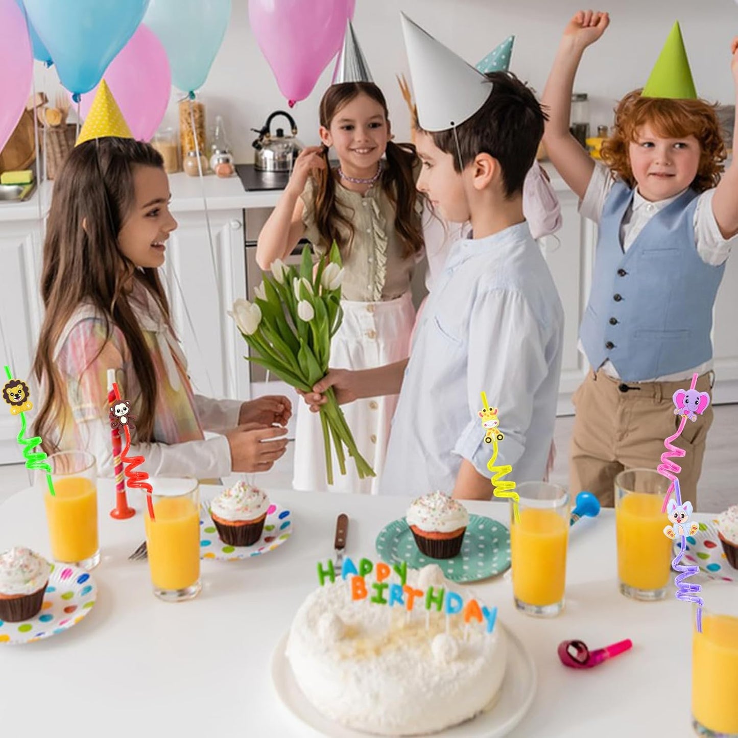 24Pcs Jungle Animal Party Straws for Jungle Animal Party Favors, Animal Themed Party Decorations Reusable Animal Straws for Animal Party Supplies for Kids Boys Girls