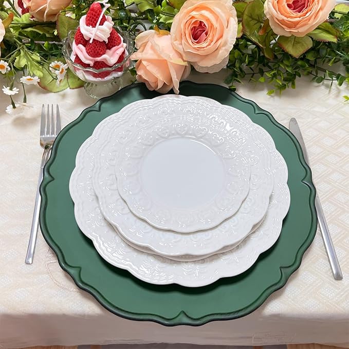 Antique Green Charger Plates, 13" Round Chargers for Dinner Plates, Set of 6 Plastic Plate Chargers for Weddings, Parties, Table Setting.