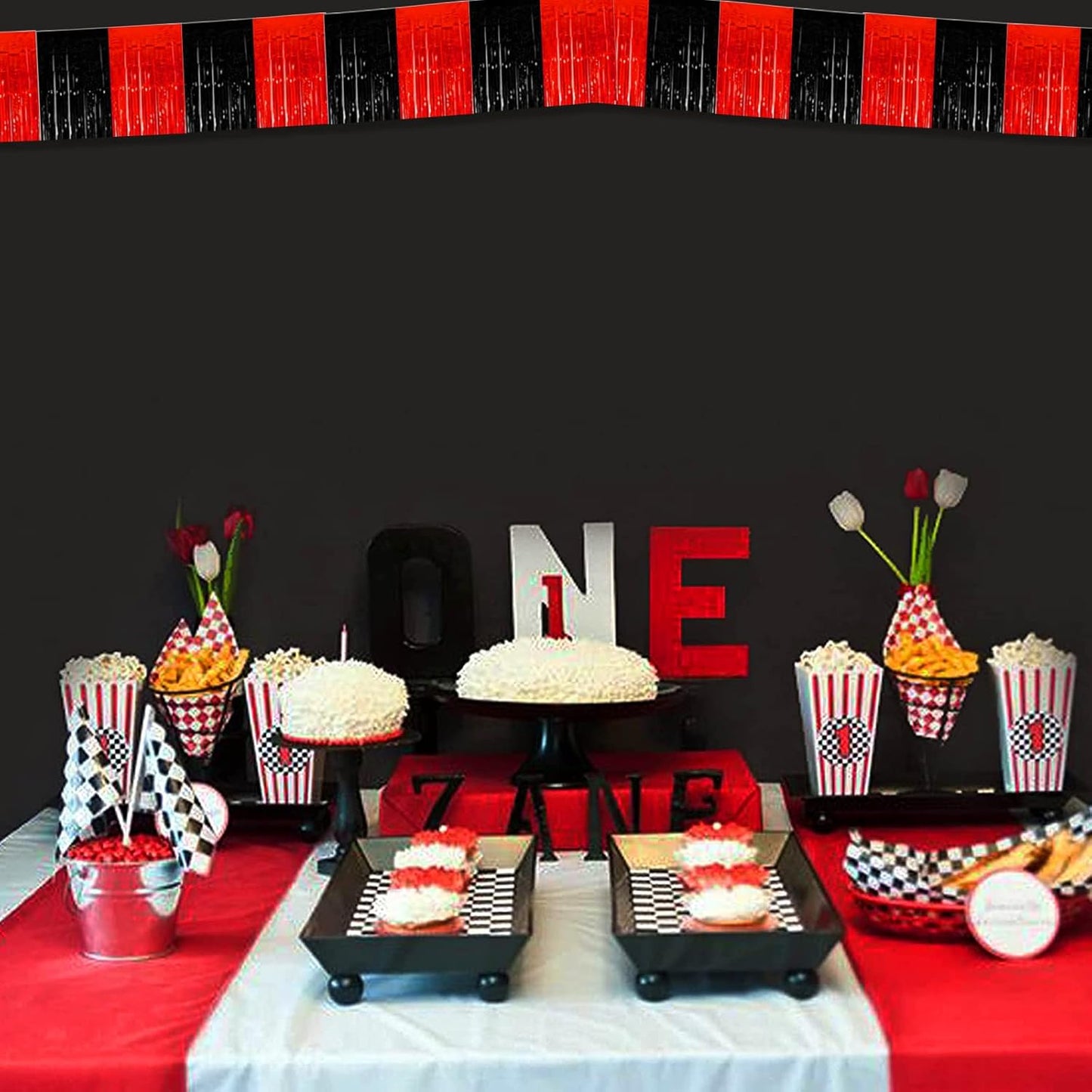 6 Pack 10 Feet Black Red Foil Fringe Garland Metallic Tinsel Streamers Banner Wall Hanging Curtain Backdrop Banner for Parade Floats, Thanksgiving, Christmas, Birthday, Halloween Party Decorations