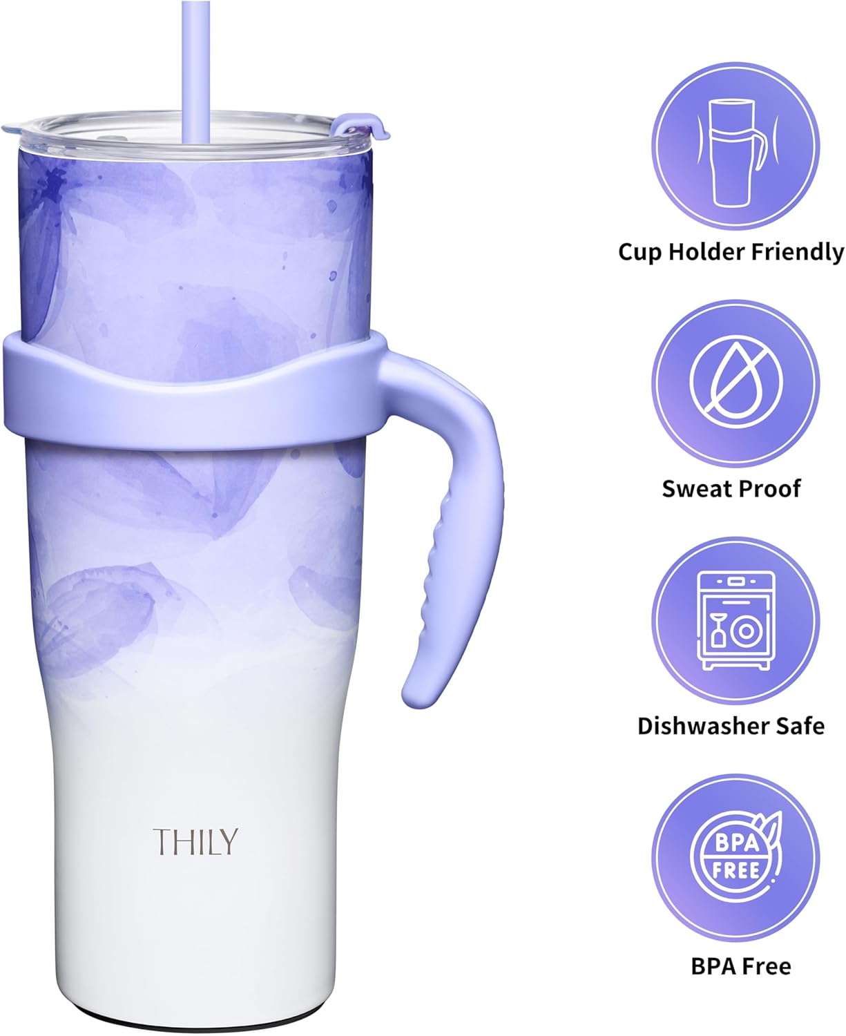 THILY 40 oz Insulated Tumbler with Handle - Stainless Steel Coffee Travel Mug with Lid and Straws, Keep Drinks Cold for 34 Hours or Hot for 12 Hours, Violet Leaves