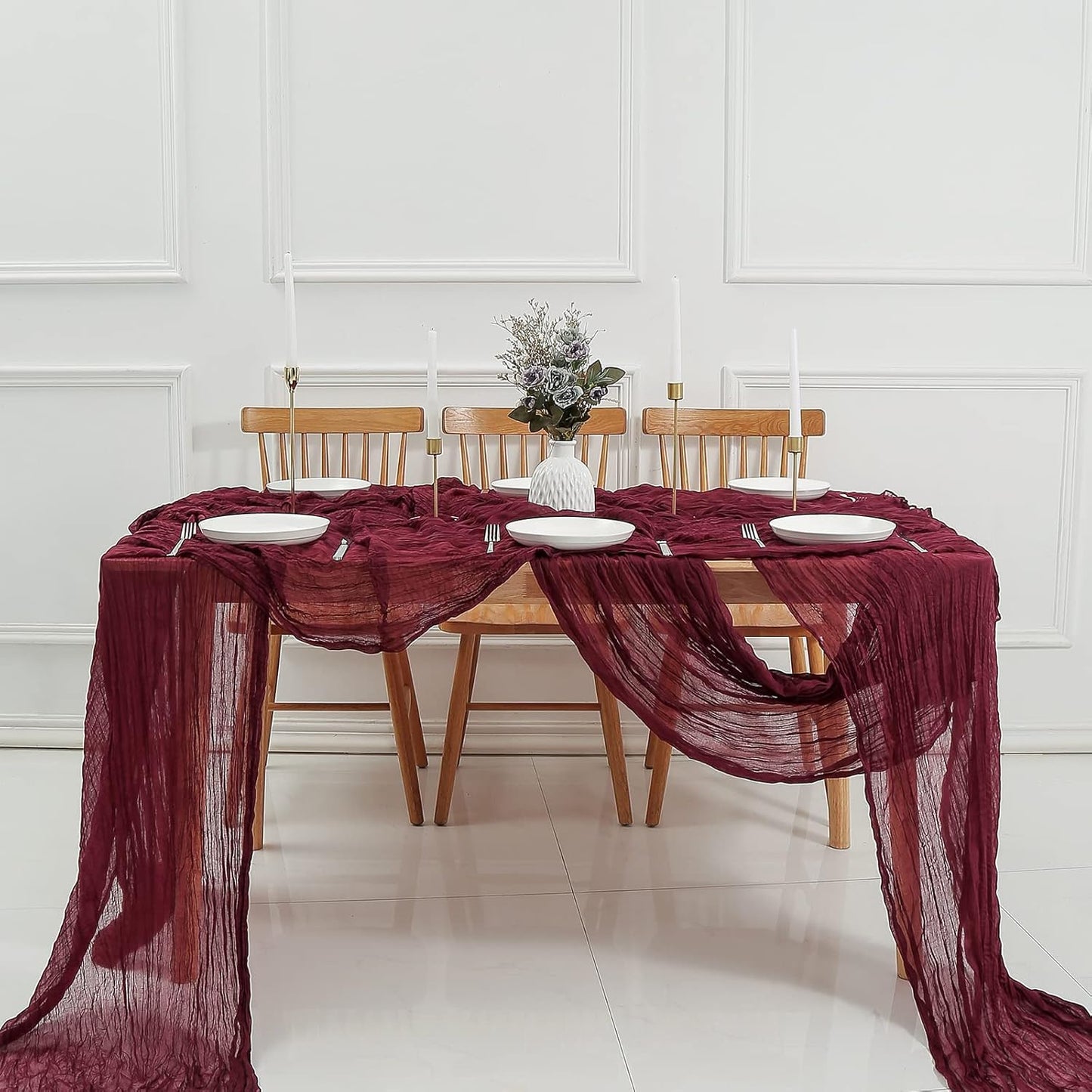 DOLOPL Christmas Table Runner Burgundy Cheesecloth Table Runner 13.3ft Boho Gauze Cheese Cloth Runner Rustic Sheer Runner 160inch Long for Christmas Wedding Bridal Shower Table Decorations