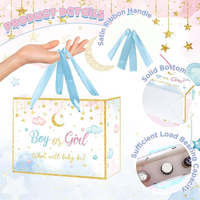 Gender Reveal Gift Bag Blue Pink Boy or Girl Paper Bag with Wrapping Paper Card What Will Baby Be Party Decoration Twinkle Treat Candy Bag for Baby Shower Gender Reveal Birthday Party Supplies