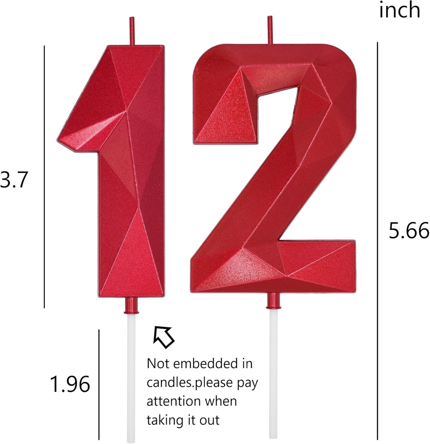 DERVENTA Birthday Candles Big Numbers 3D Red 3.7 inch Party Cake Topper 1 Piece (Number 12 Red)