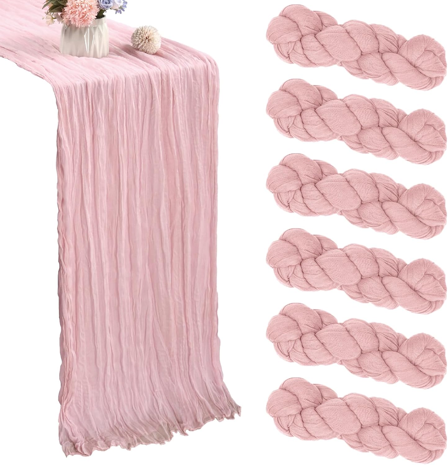 6 Pack 10FT Dusty Pink Cheesecloth Table Runner 35x120 Inch Gauze Rustic Boho Table Runner Cheese Cloth for Wedding Decor Birthday Party Bridal Baby Shower Table Centerpiece Decoration