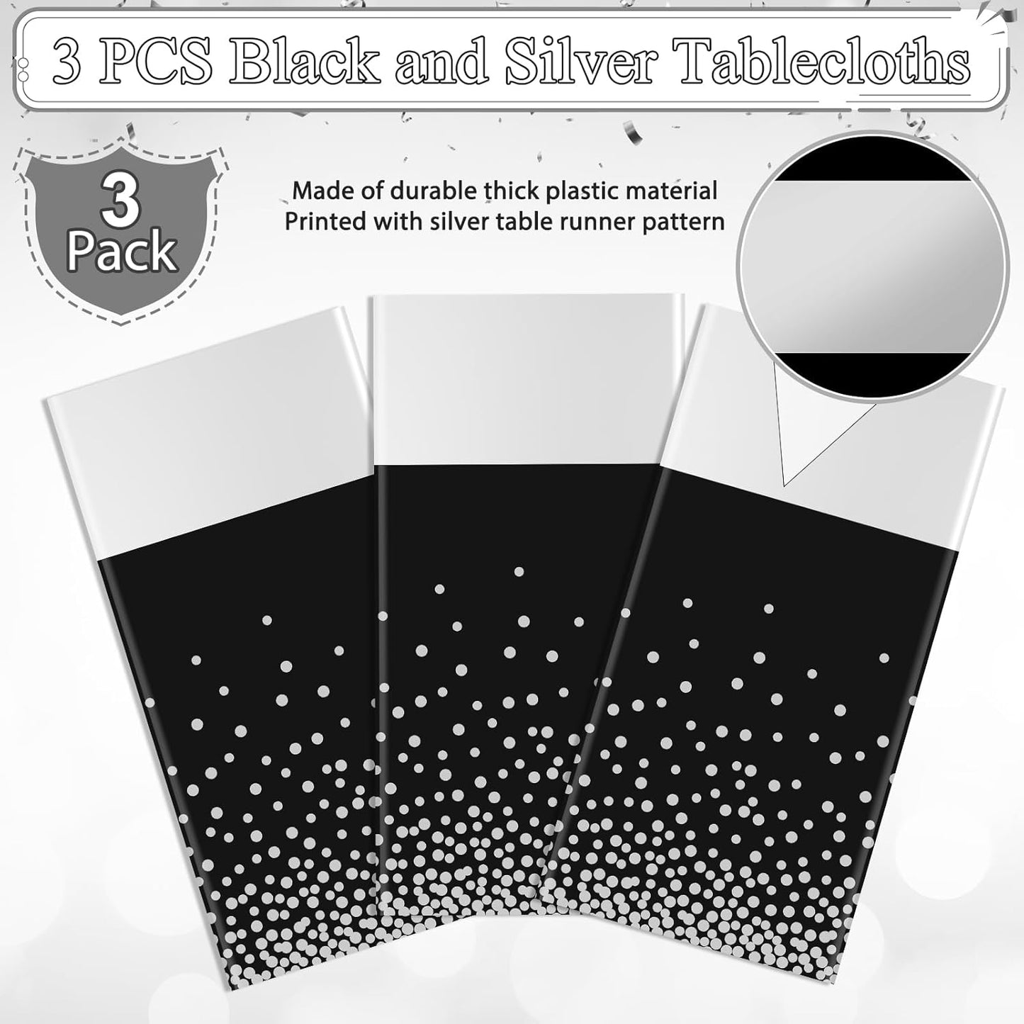 3Pcs Black and Silver Tablecloth Party Decorations,Plastic Black Table Cloth Printed Silver Table Runner Disposable Rectangle Table Cover for Birthday Anniversary Wedding Graduation Party,54 x108 Inch