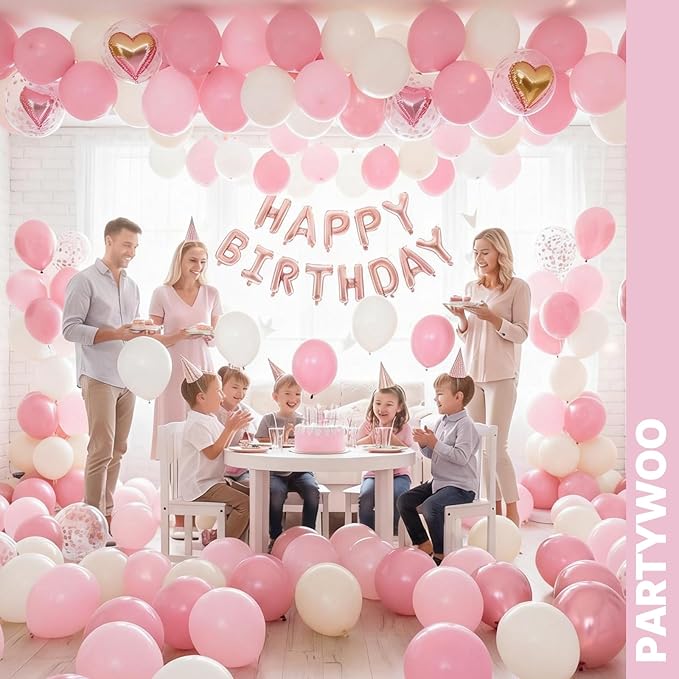 PartyWoo Pink and White Balloons 65pcs 12 Inch Light Pastel Baby Metallic Pearl Pink Matte White Confetti Balloons for Gender Reveal Wedding Bridal Girl Baby Shower Princess Birthday Party Decorations