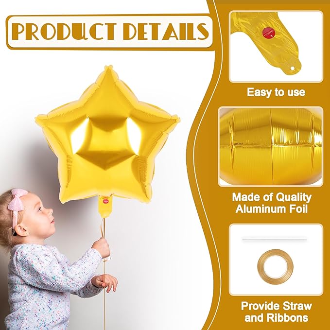 20 Pcs Star Balloons,18 Inch Star Foil Balloons,Stars Shaped Balloon Mylar Helium Balloon for Birthday Party Anniversary Wedding Baby Shower Decorations (Gold)