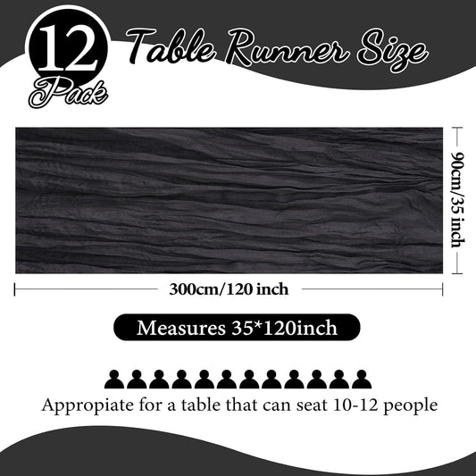 12 Pack 10FT Black Cheesecloth Table Runner 35x120 Inch Gauze Rustic Boho Table Runner Cheese Cloth for Wedding Decor Birthday Party Bridal Baby Shower Table Centerpiece Decoration