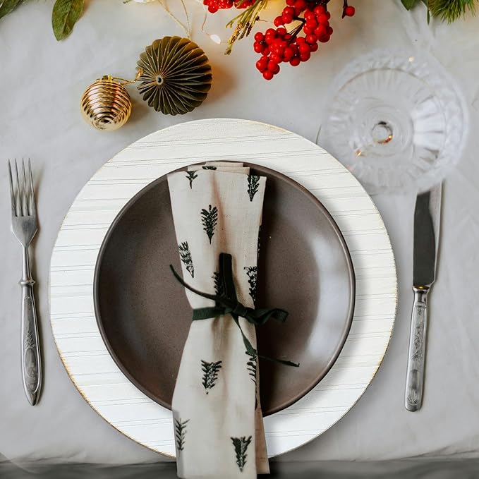 13" Antique Charger Plates, Stripe Pattern White Charger Plate Set of 6, Round Server Ware Chargers for Dinner Plate, Reusable Bulk Table Setting for Party or Event
