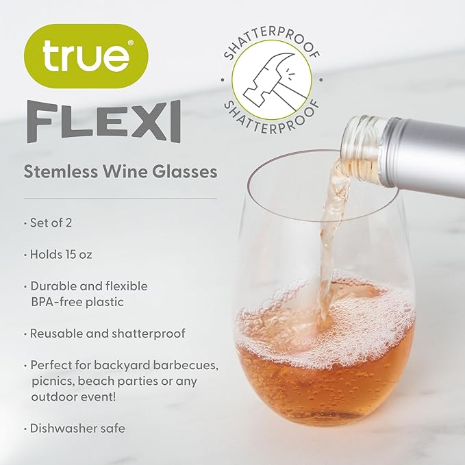 True Flexi Shatterproof Stemless Wine Glasses, Reusable and Flexible Plastic Drinking Glasses for Red and White Wines, Picnic, Camping, BBQ, Beach, Outdoor Party, Housewarming Gift, 15 oz, Set of 2