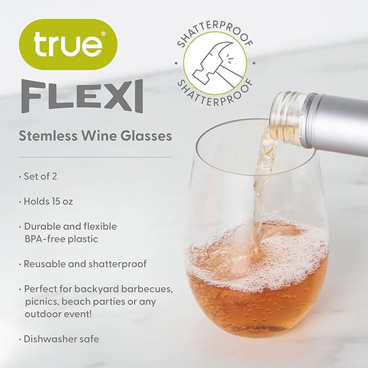 True Flexi Shatterproof Stemless Wine Glasses, Reusable and Flexible Plastic Drinking Glasses for Red and White Wines, Picnic, Camping, BBQ, Beach, Outdoor Party, Housewarming Gift, 15 oz, Set of 2
