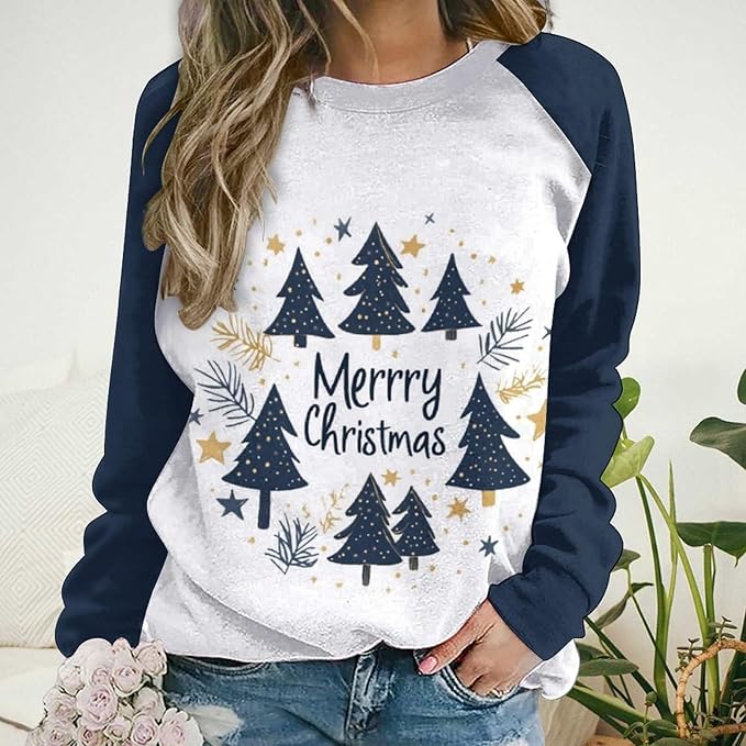 LOAIHA Christmas Sweatshirts for Women Christmas Tree Graphic Shirt Xmas Long Sleeve Merry Christmas Pullover Blouse