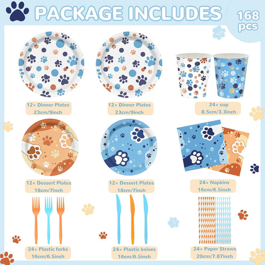 168Pcs Blue Orange Dog Birthday Party Supplies for Boys Girls Kids 1st 2nd Cartoon Puppy Babyshower Party Decorations Paw Paper Plates Napkins Cups Forks Knives and Straws Tableware Serve 24 Guests