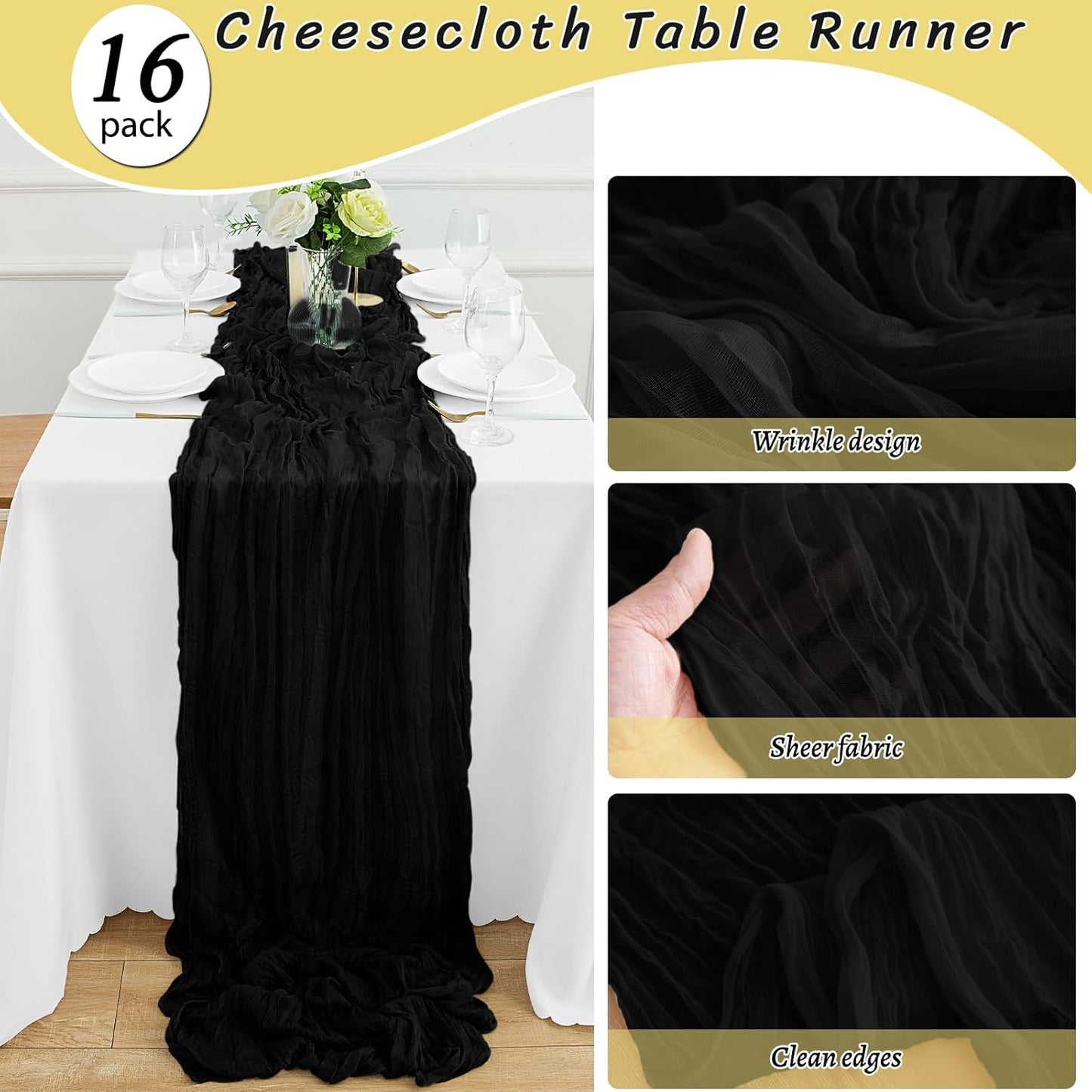 16Pack Black Halloween Table Runner 10FT Cheesecloth Table Runner 35x120Inch Long Boho Cheese Cloth Table Runners Rustic Gauze Table Runners for Party Wedding Bridal Shower Baby Shower Decorations