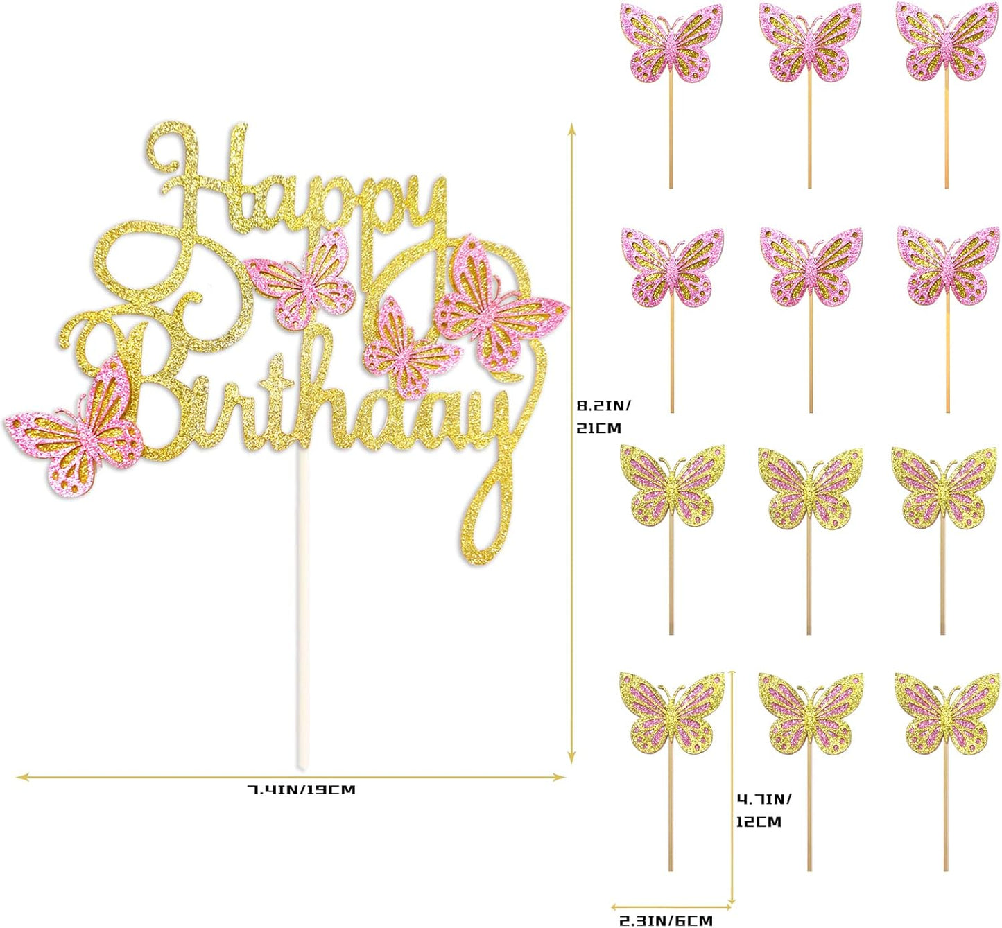 13-Piece Butterfly Cake Toppers - 3D Butterfly Cupcake Toppers for Girls & Women's Birthdays (Pink & Gold)