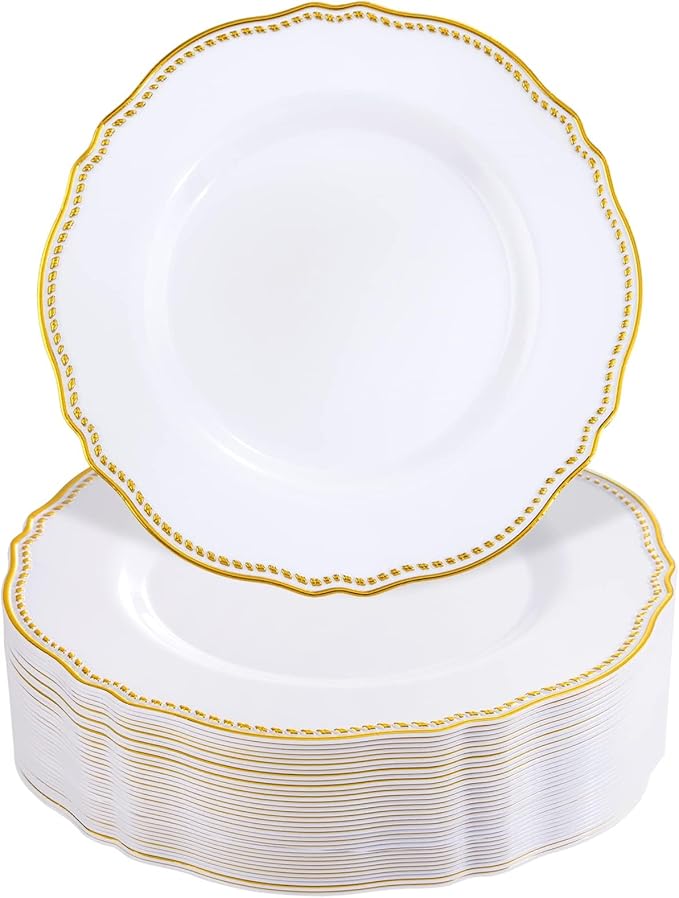 Hioasis 60pcs Gold Plastic Plates - White and Gold Disposable Dinnerware with Gold Rim, Heavy-duty, 7 inch, Dessert Plates for Party & Thanksgiving