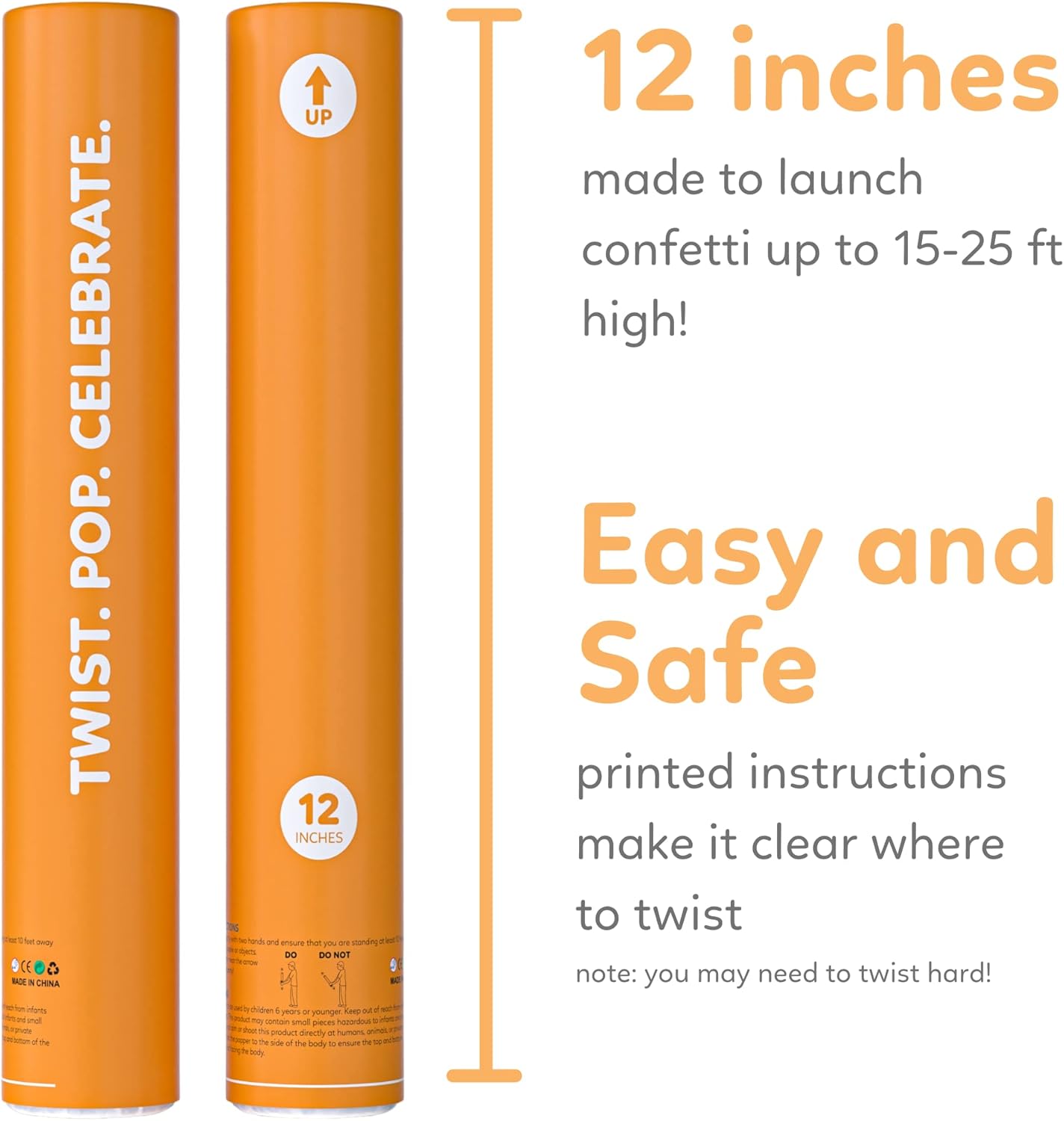 2 Pack Confetti Cannon Confetti Poppers | Biodegradable Orange Confetti | TUR Party Supplies | Launches Up to 25ft | Giant (12 in) | Party Poppers for Graduation, Birthdays, Weddings, and Memorial Day
